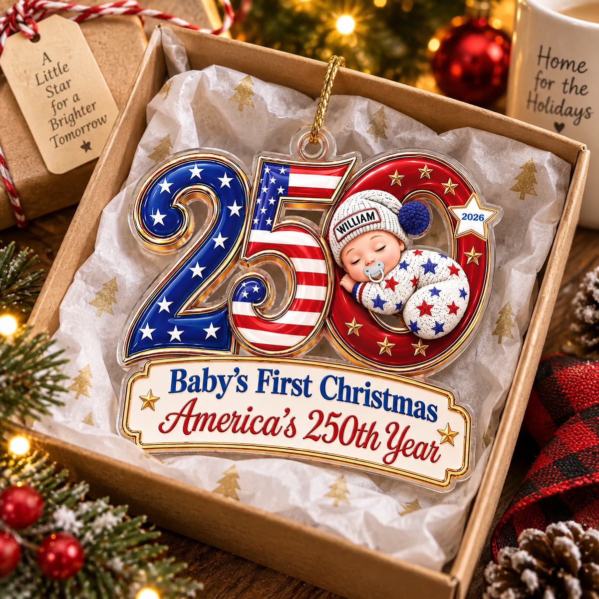 Close-up of Baby's First Christmas Ornament America's 250th Year Personalized Keepsake Gift for New Parents for streetwear fans in Austin, Texas