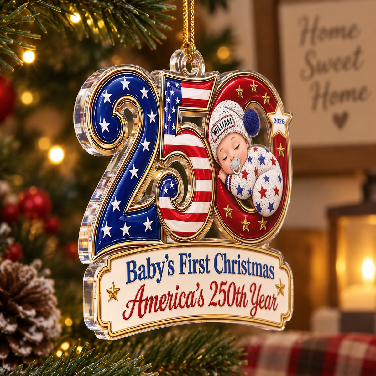Customer in Austin, Texas wearing Baby's First Christmas Ornament America's 250th Year Personalized Keepsake Gift for New Parents