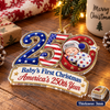 Customer in Austin, Texas wearing Baby's First Christmas Ornament America's 250th Year Personalized Keepsake Gift for New Parents