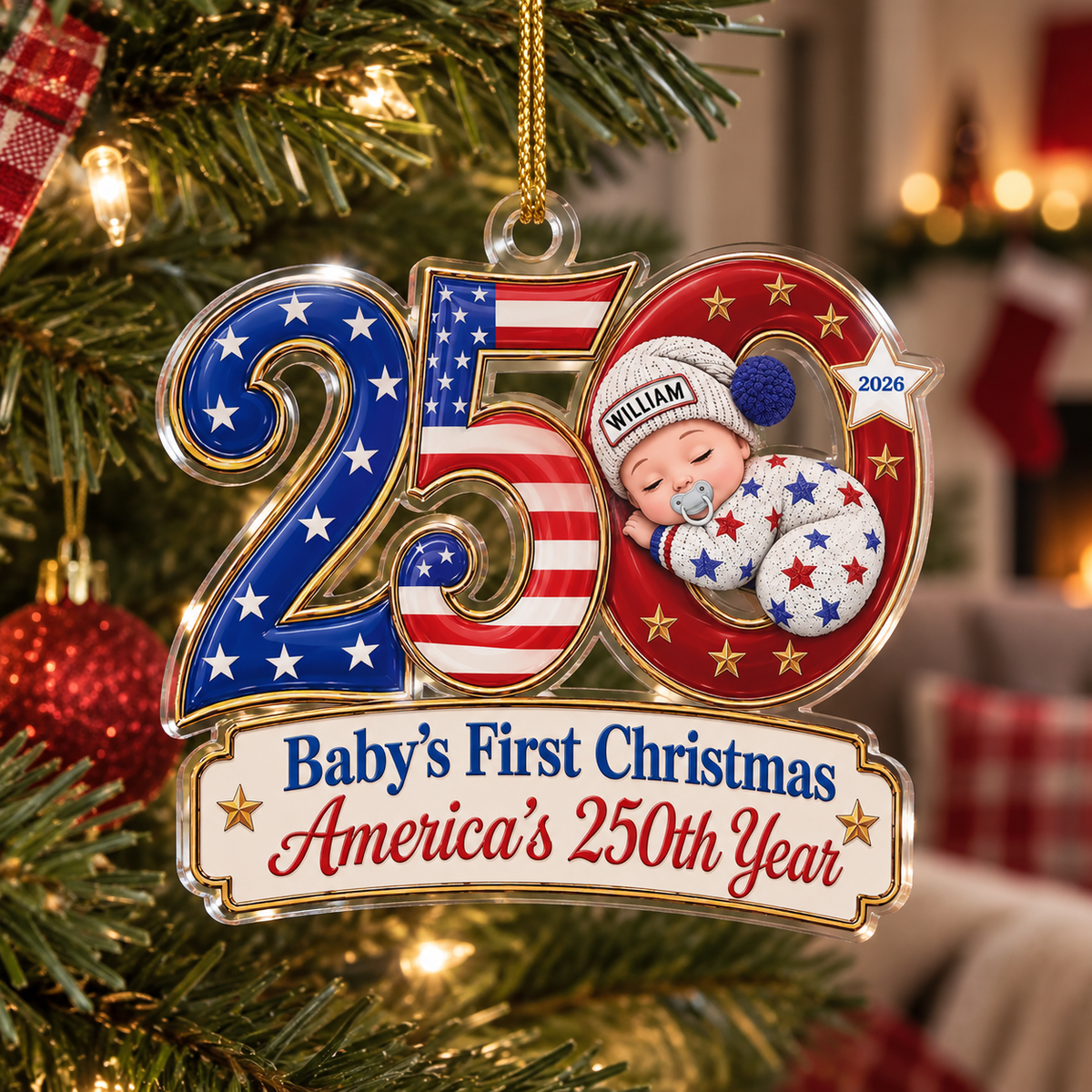 Baby's First Christmas Ornament America's 250th Year Personalized Keepsake Gift for New Parents available at our Austin, Texas warehouse