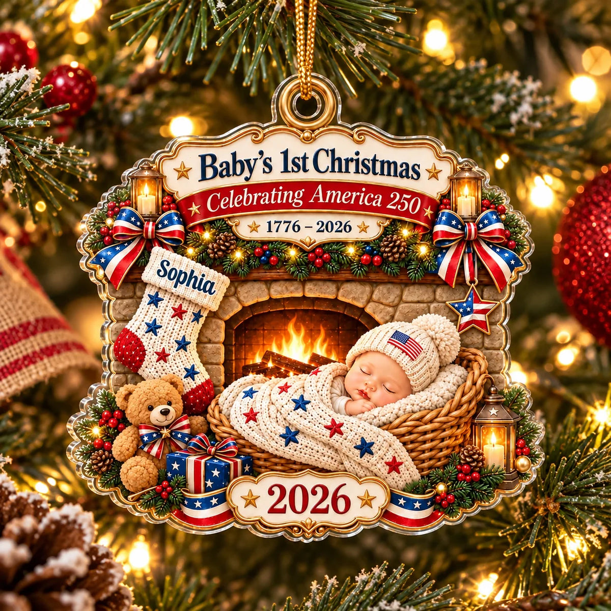 Close-up of a Baby's First Christmas acrylic ornament showing a sleeping baby in a basket, stocking, teddy bear, and 2026.