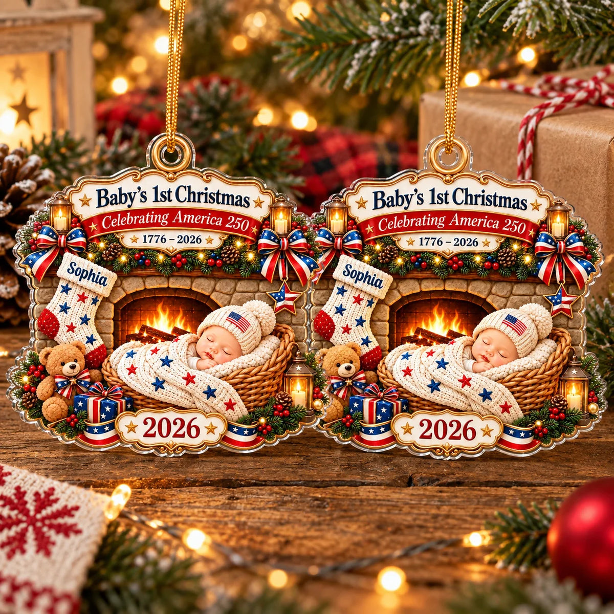 Two Baby's First Christmas acrylic ornaments hanging side by side on a Christmas tree with warm fairy lights.