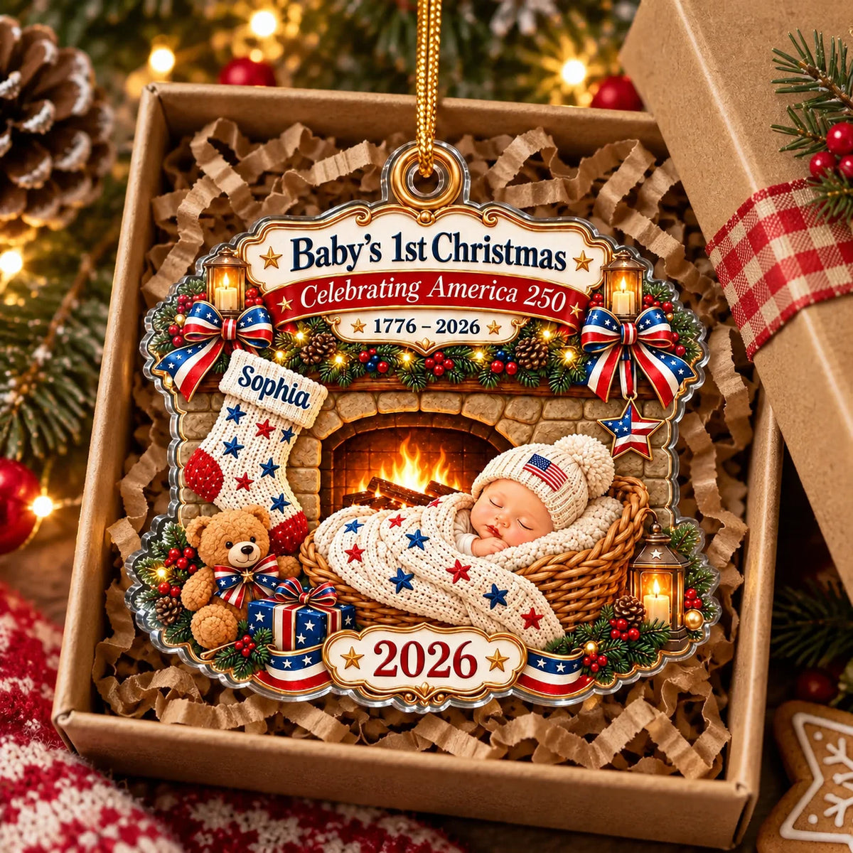 A Baby's First Christmas acrylic ornament packed inside a cardboard gift box with shredded paper and a present.