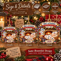 Display of three different sized Baby's First Christmas acrylic ornaments with a sign detailing size and thickness.