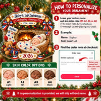 Instructional graphic showing how to personalize the baby name and select skin color for the holiday keepsake.