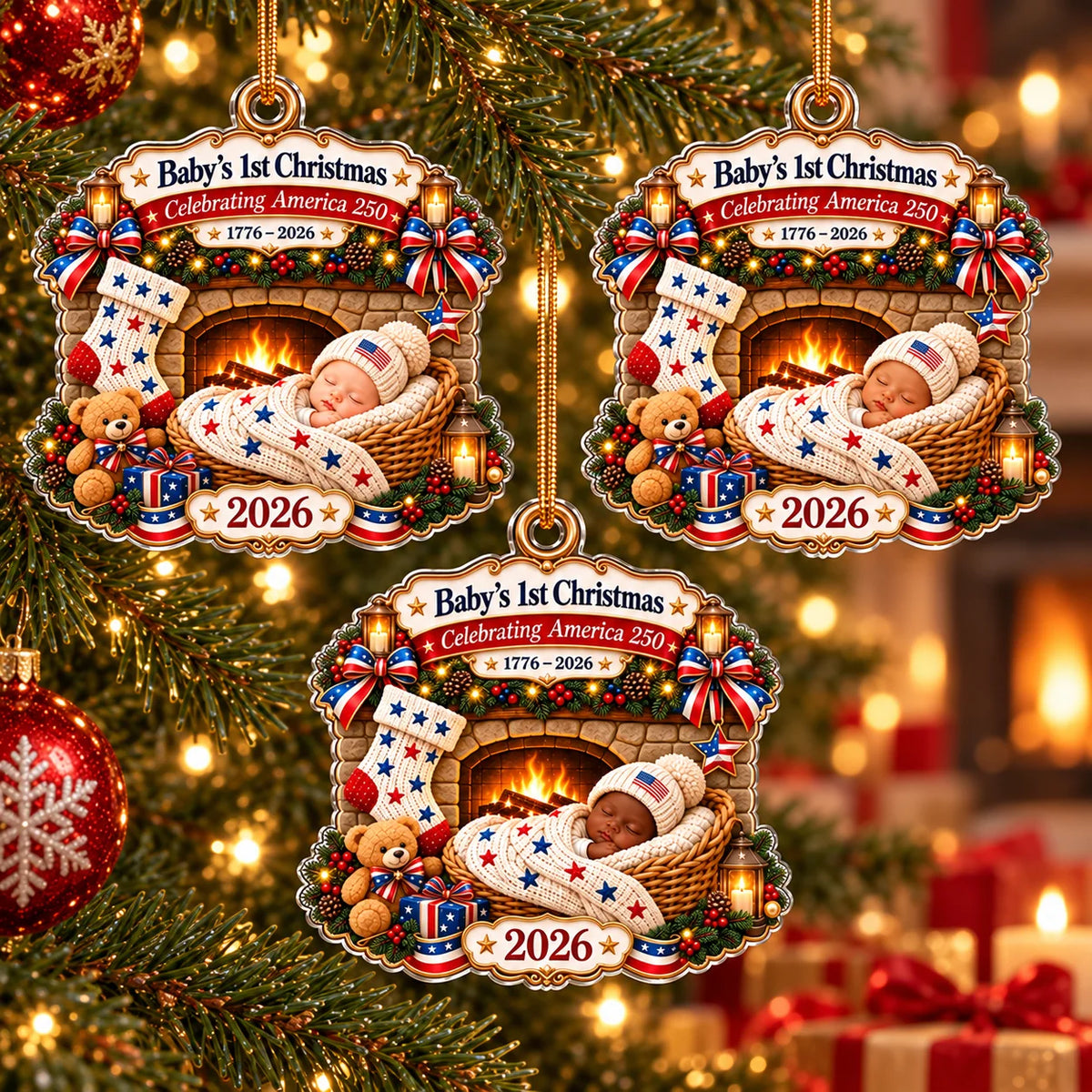 Three acrylic Baby's First Christmas ornaments hanging on a glowing tree, featuring a baby in a basket by a fireplace.