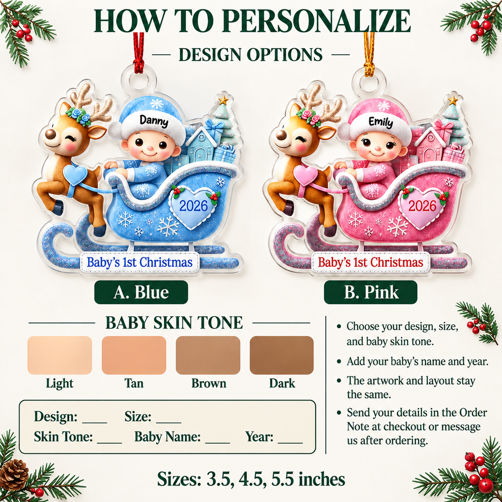 A custom design options guide shows blue and pink acrylic ornament samples with skin tone swatches.