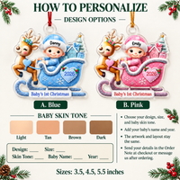 A custom design options guide shows blue and pink acrylic ornament samples with skin tone swatches.