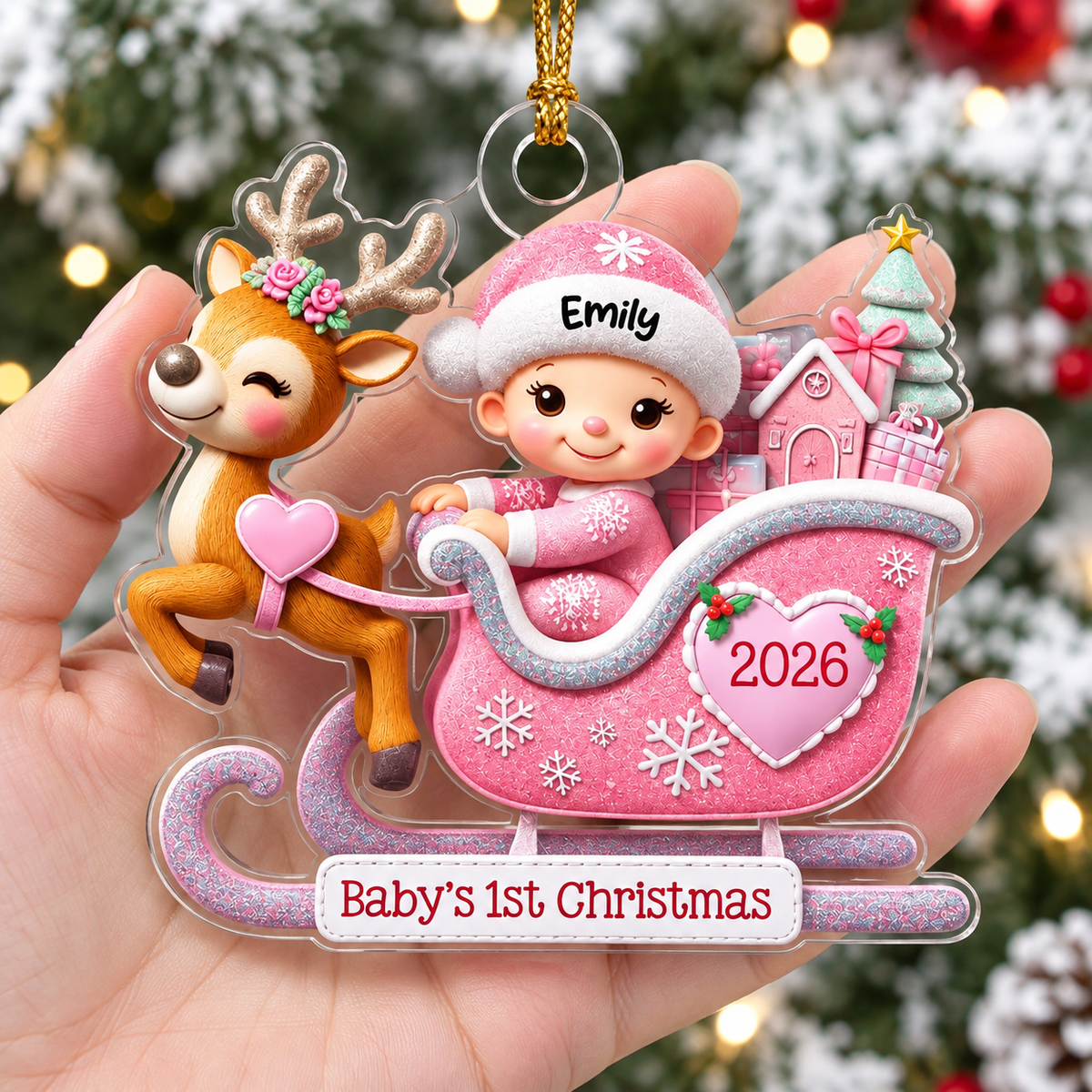 A hand holds a custom pink acrylic baby's first Christmas ornament.