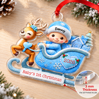 A blue acrylic holiday ornament rests on a wooden surface with a thickness inset callout.