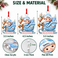 A size comparison chart displays 3.5, 4.5, and 5.5 inch acrylic Christmas tree ornaments.