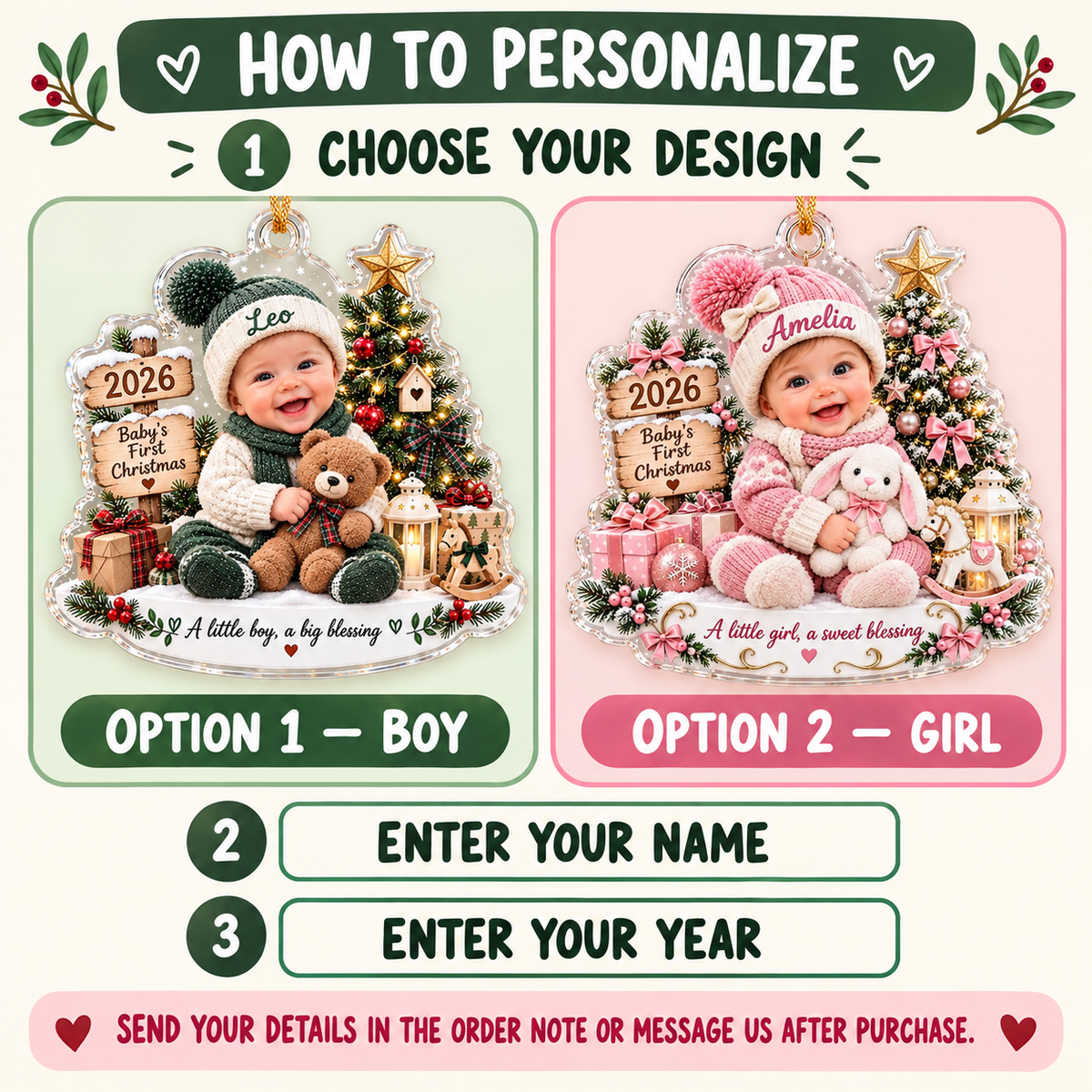 Instruction graphic showing how to personalize the custom baby acrylic ornament with boy and girl options.