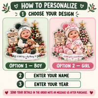 Instruction graphic showing how to personalize the custom baby acrylic ornament with boy and girl options.