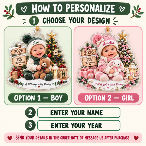 Instruction graphic showing how to personalize the custom baby acrylic ornament with boy and girl options.