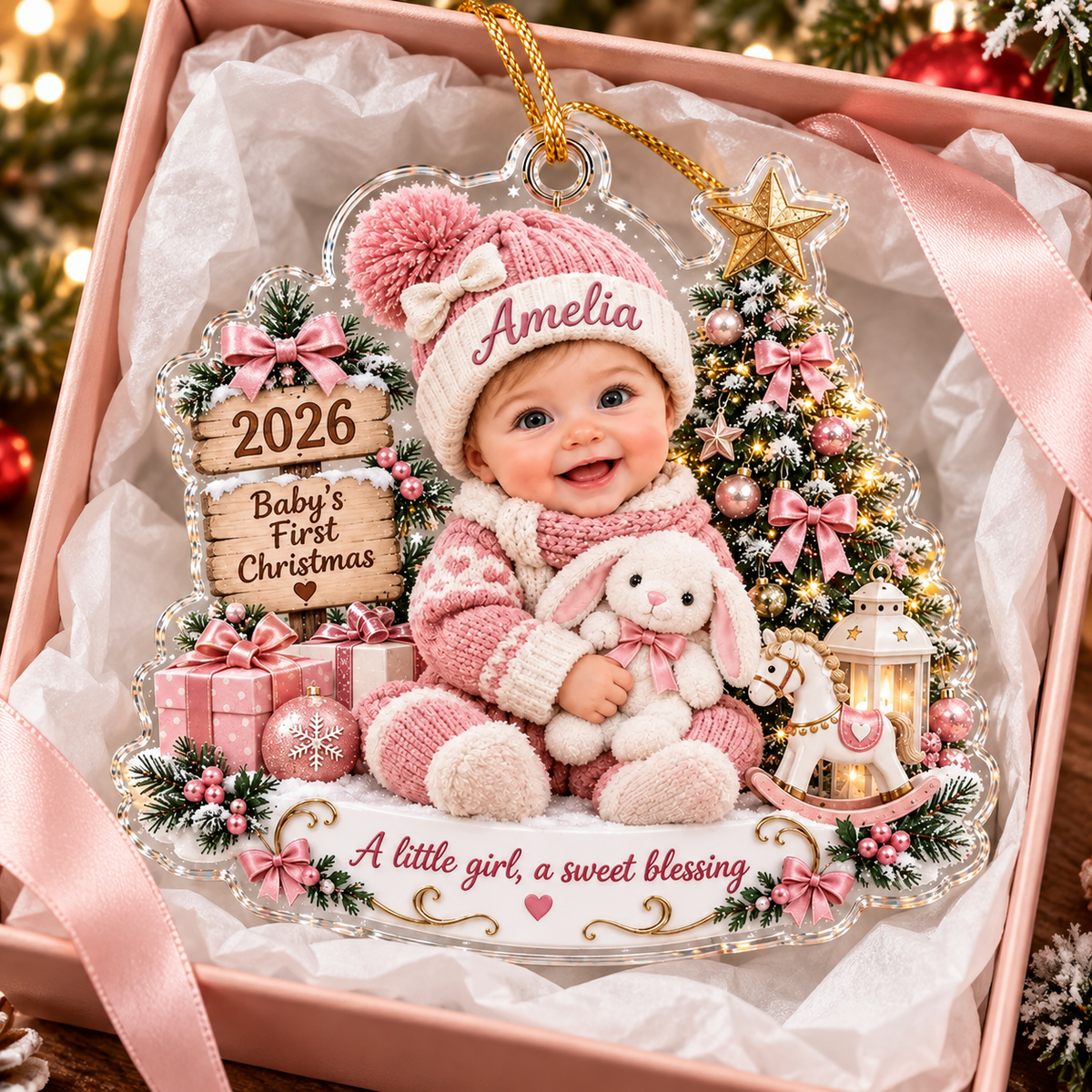 Personalized baby girl acrylic ornament packaged in a pink gift box lined with white tissue paper.