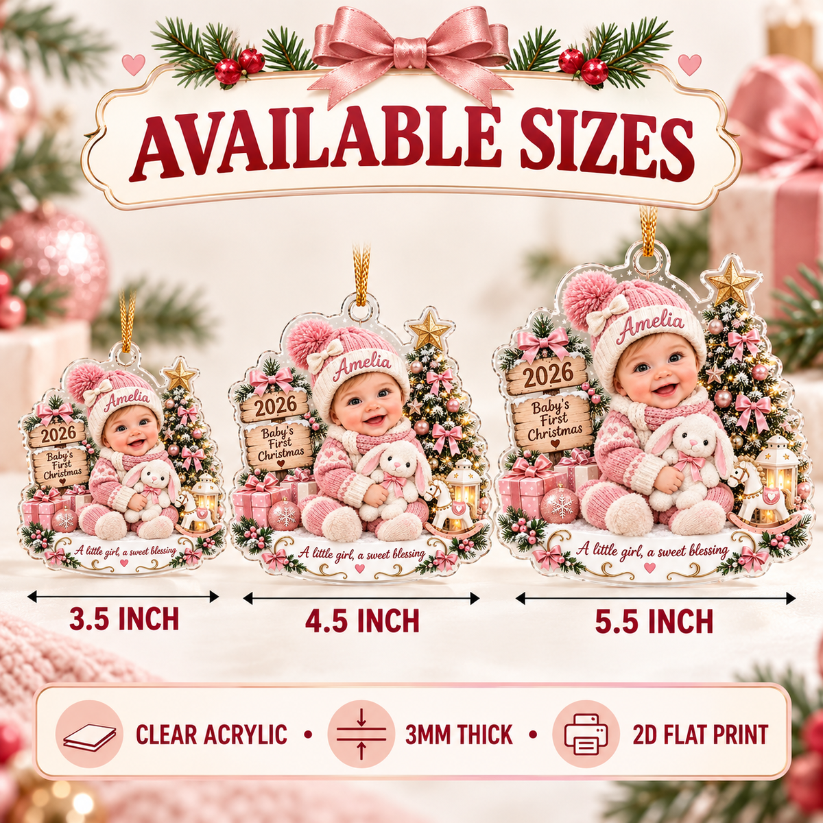 Available sizes chart for the personalized baby acrylic ornament showing 3.5, 4.5, and 5.5 inch options.