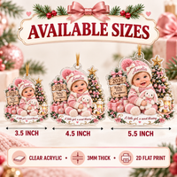 Available sizes chart for the personalized baby acrylic ornament showing 3.5, 4.5, and 5.5 inch options.