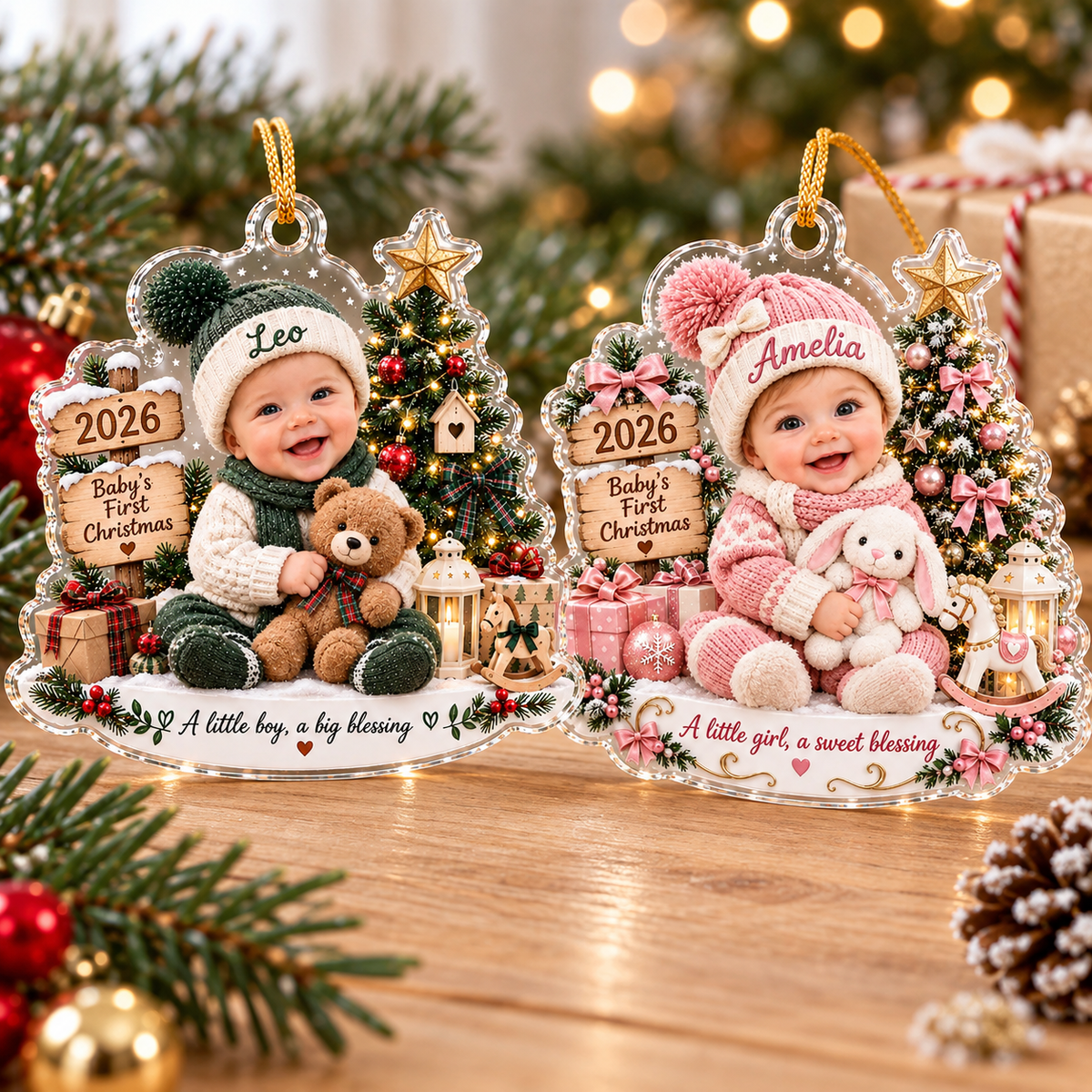 Two Baby's First Christmas Ornament Personalized designs, boy in green and girl in pink, displayed on wood.