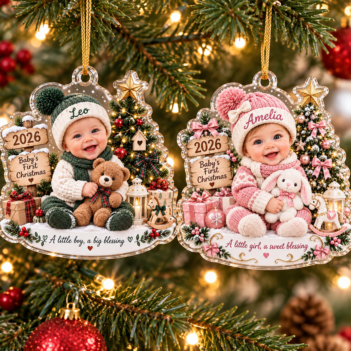 Baby's First Christmas Ornament Personalized hanging on a glowing holiday tree, showing boy and girl acrylic designs.