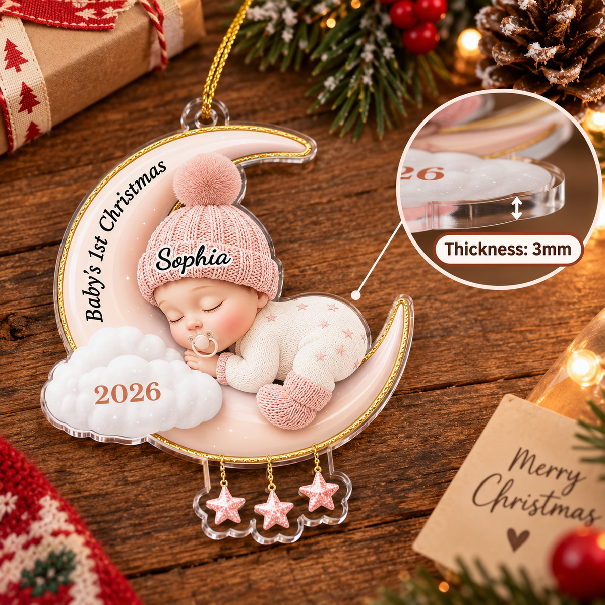 Pink baby's First Christmas ornament personalized with Sophia, showing 3mm acrylic thickness detail.