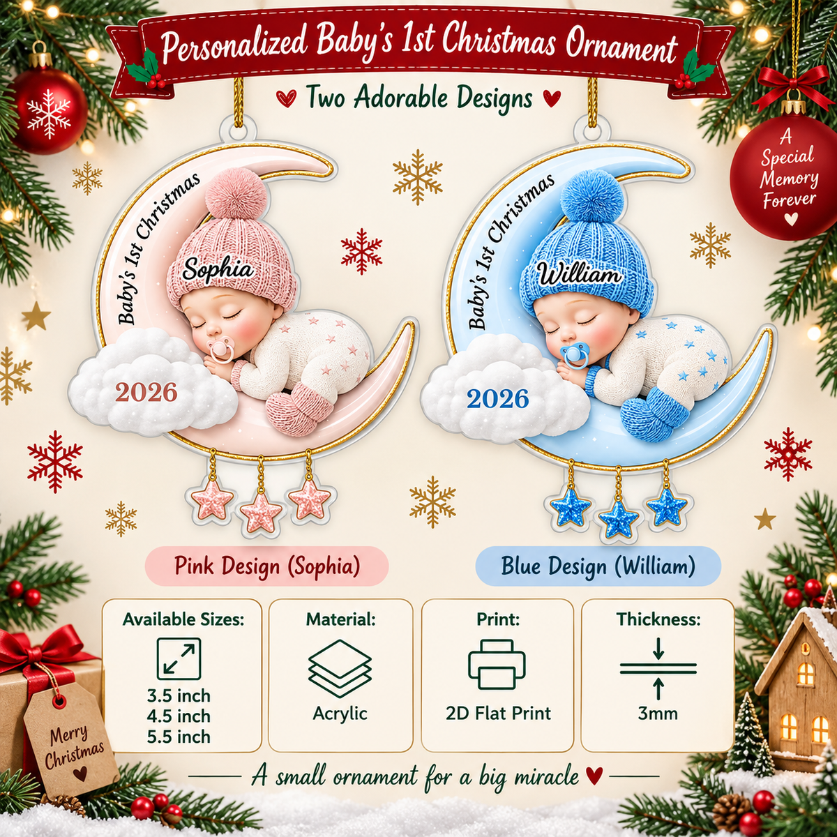 Infographic showing pink and blue personalized baby's First Christmas ornaments with sizes and features.