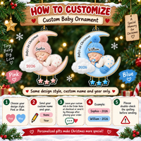 How to customize guide showing pink and blue baby's First Christmas ornaments with 5 simple steps.