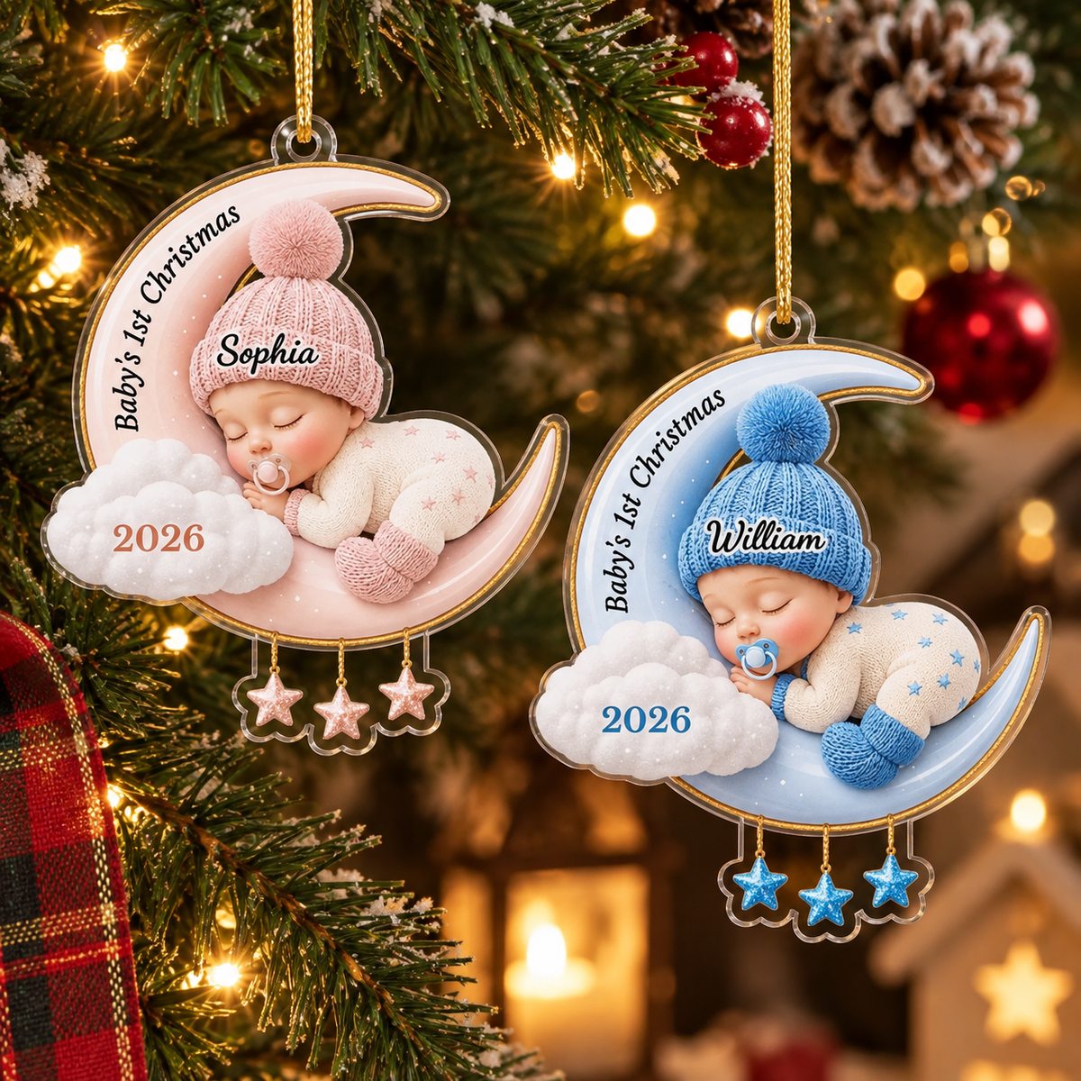 Baby's First Christmas ornament personalized with names Sophia and William, hanging on a decorated tree.