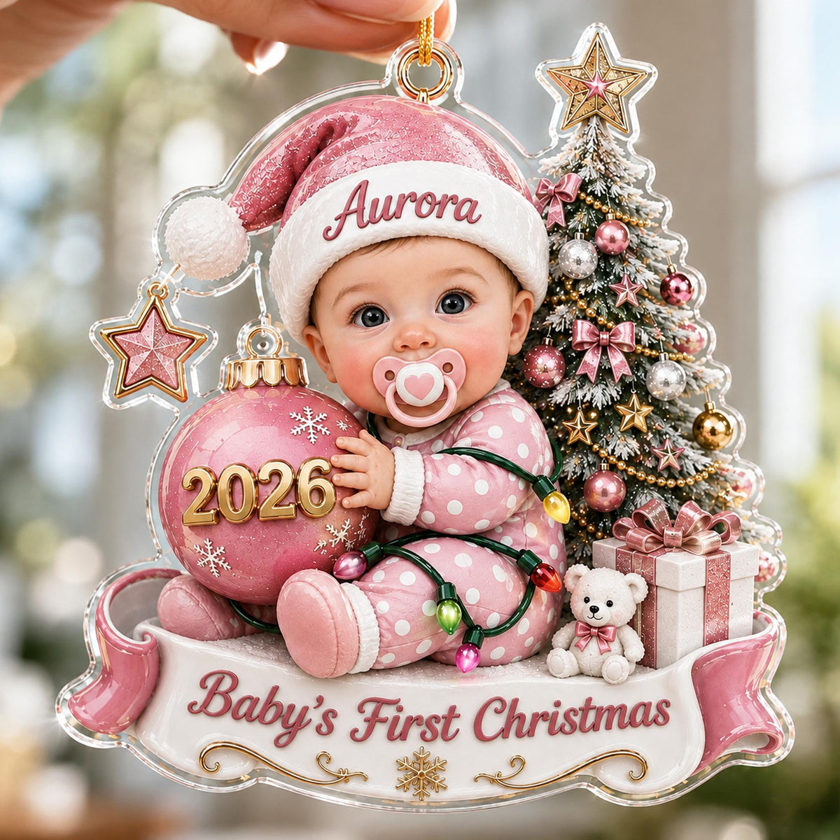 Baby's First Christmas Ornament Personalized Pink Santa Hat Girl Keepsake Gift on a hanger, ready to ship from Austin, Texas
