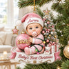 Close-up of Baby's First Christmas Ornament Personalized Pink Santa Hat Girl Keepsake Gift for streetwear fans in Austin, Texas