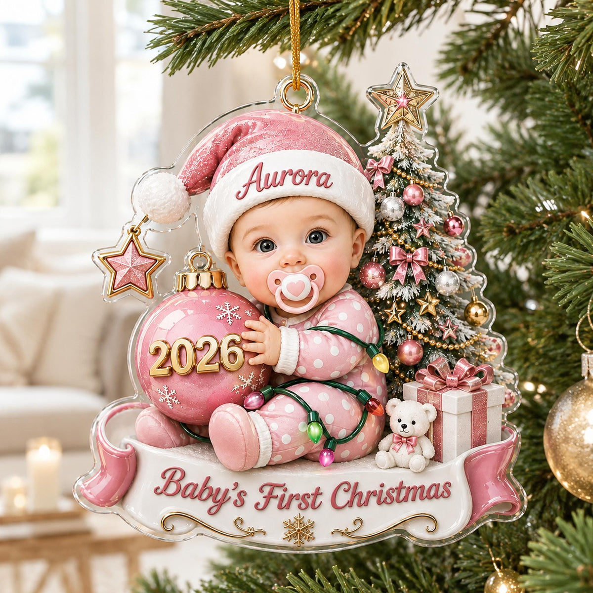 Close-up of Baby's First Christmas Ornament Personalized Pink Santa Hat Girl Keepsake Gift for streetwear fans in Austin, Texas