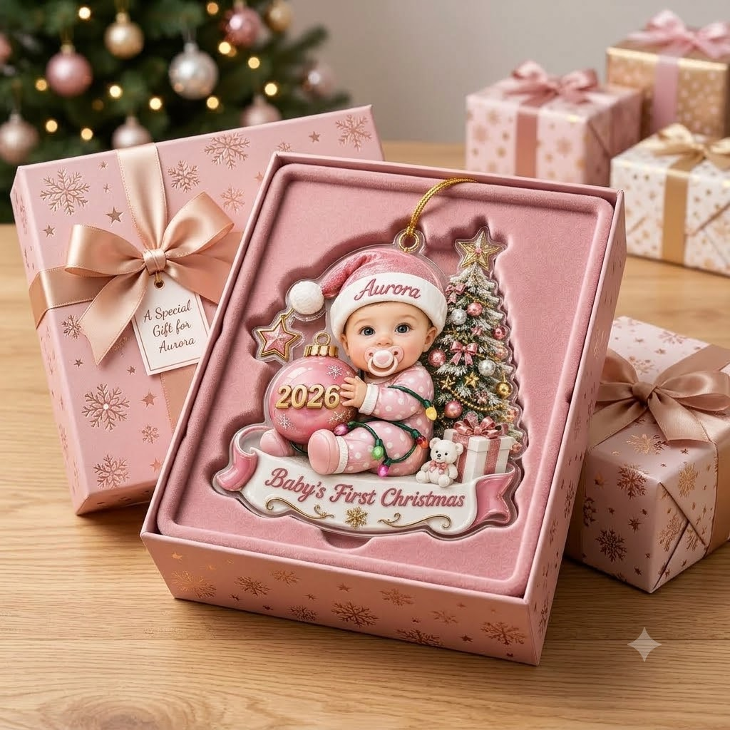 Customer in Austin, Texas wearing Baby's First Christmas Ornament Personalized Pink Santa Hat Girl Keepsake Gift