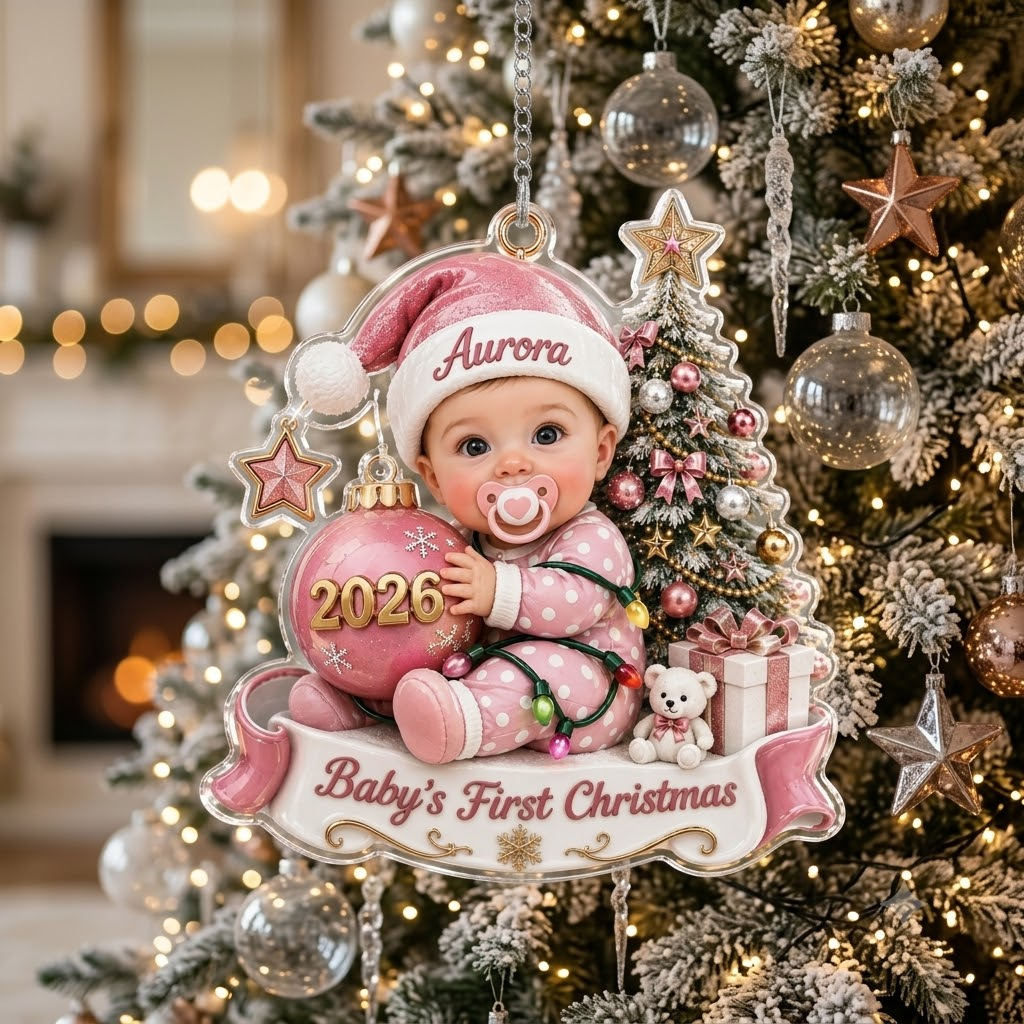 Baby's First Christmas Ornament Personalized Pink Santa Hat Girl Keepsake Gift available at our Austin, Texas warehouse