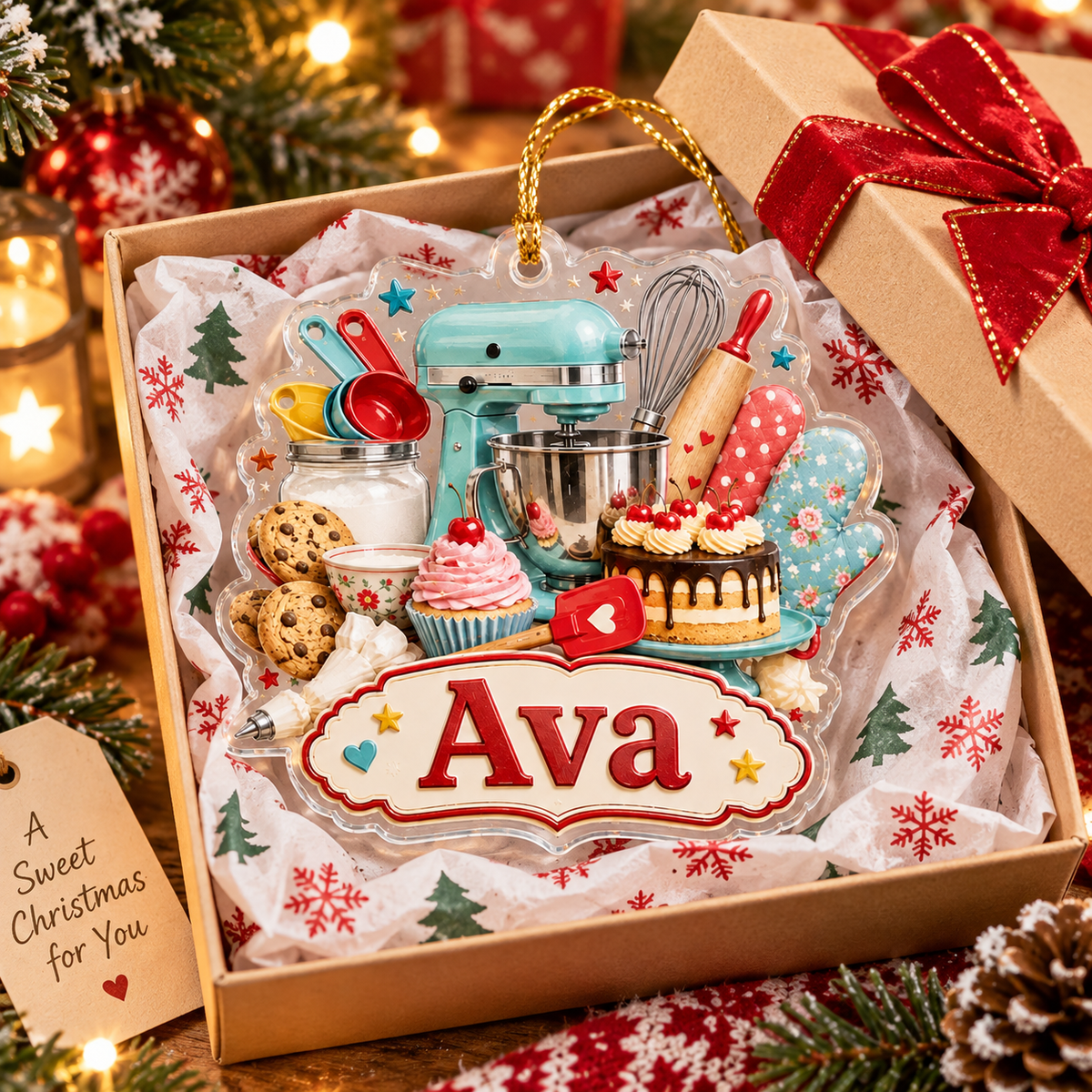 Customer in Austin, Texas wearing Baking Kitchen Christmas Ornament Personalized Stand Mixer Holiday Gift for Home Bakers