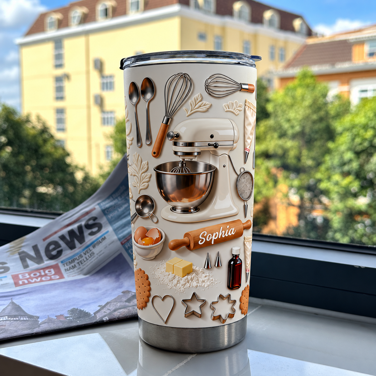 A personalized baker gift stainless steel tumbler with 3D stand mixer design standing near a newspaper on a windowsill.
