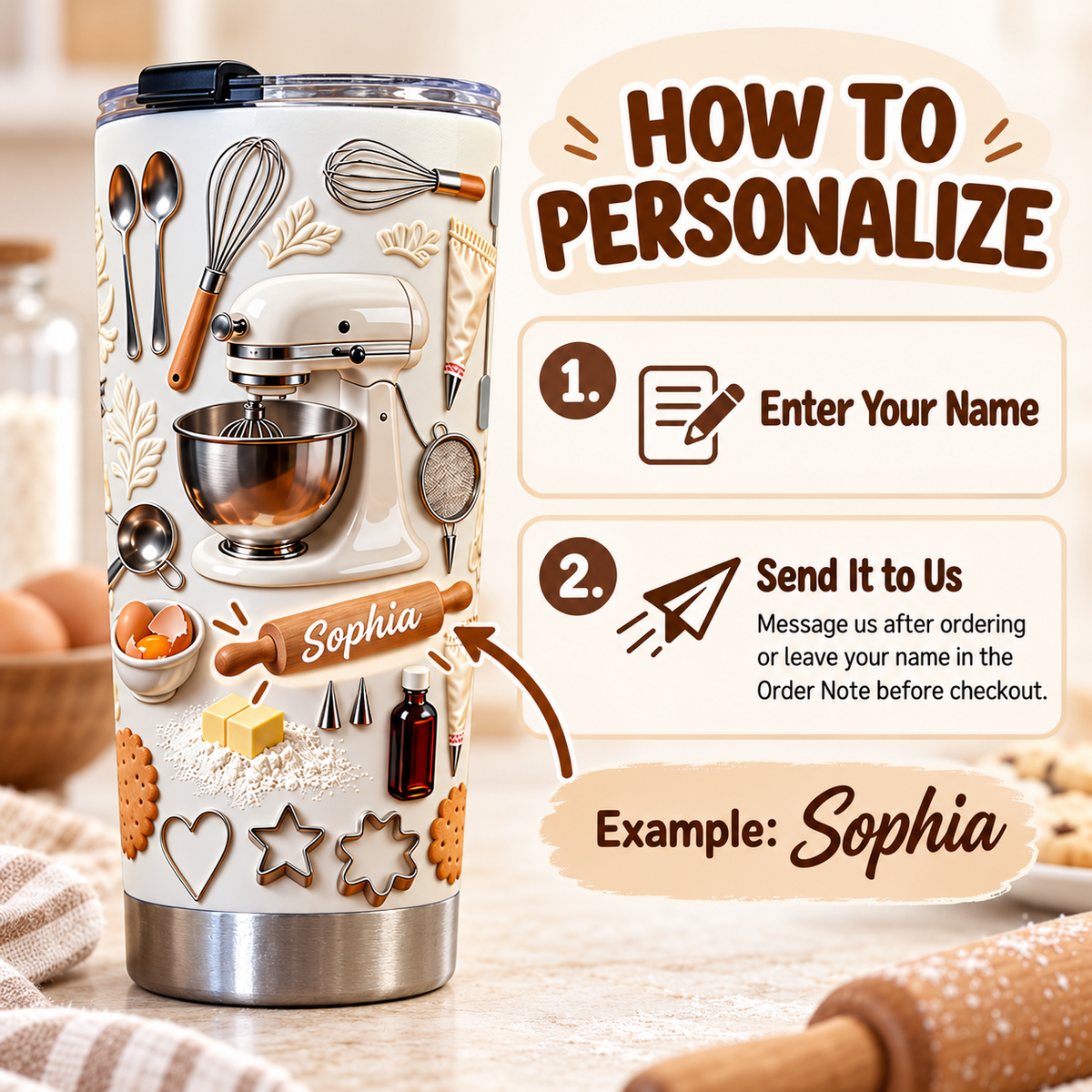 A personalized baker gift tumbler next to a graphic instructing how to add a custom name.