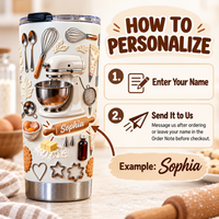 A personalized baker gift tumbler next to a graphic instructing how to add a custom name.