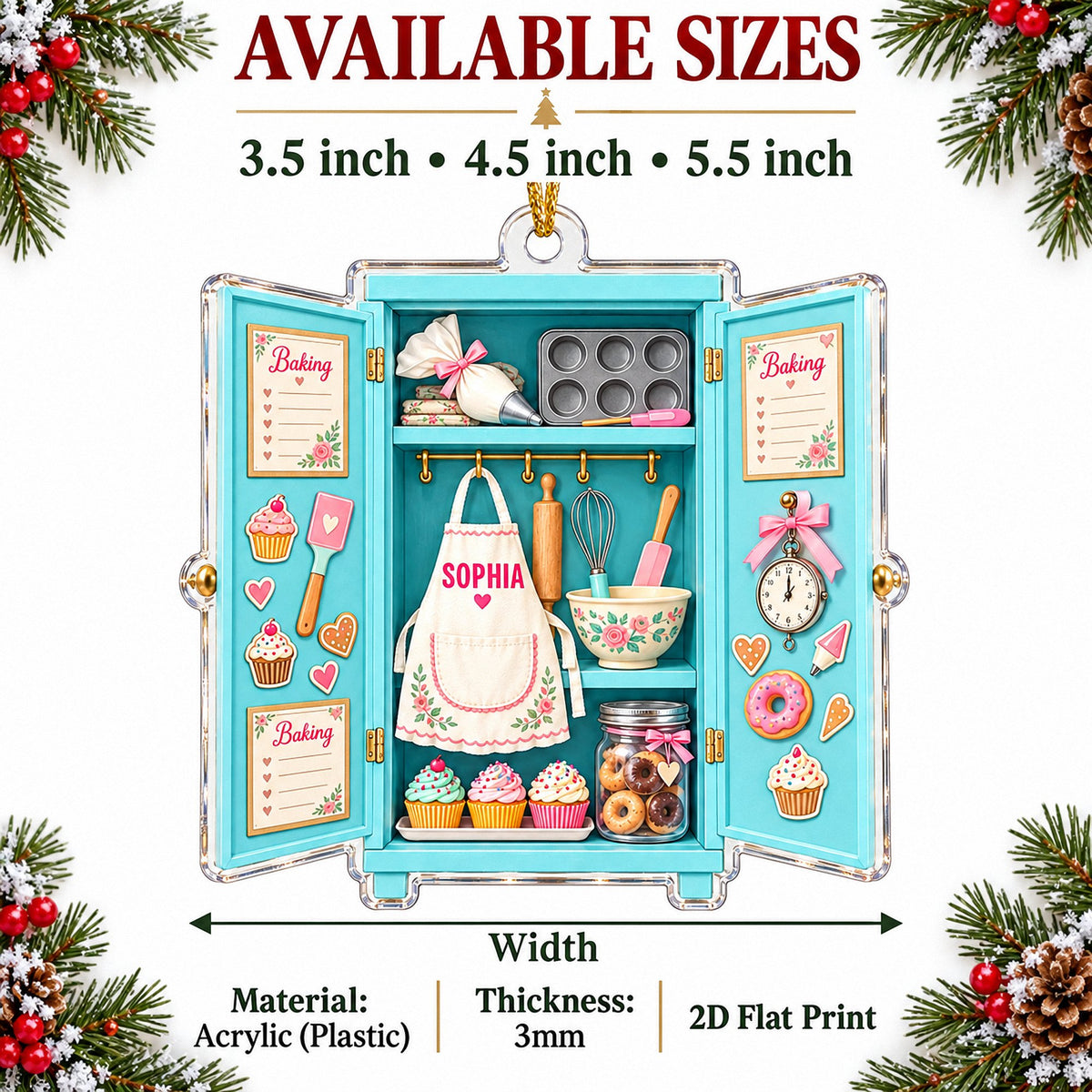 Baking ornament size options guide showing 3.5 inch, 4.5 inch, and 5.5 inch dimensions on a decorated holiday background.