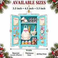 Baking ornament size options guide showing 3.5 inch, 4.5 inch, and 5.5 inch dimensions on a decorated holiday background.