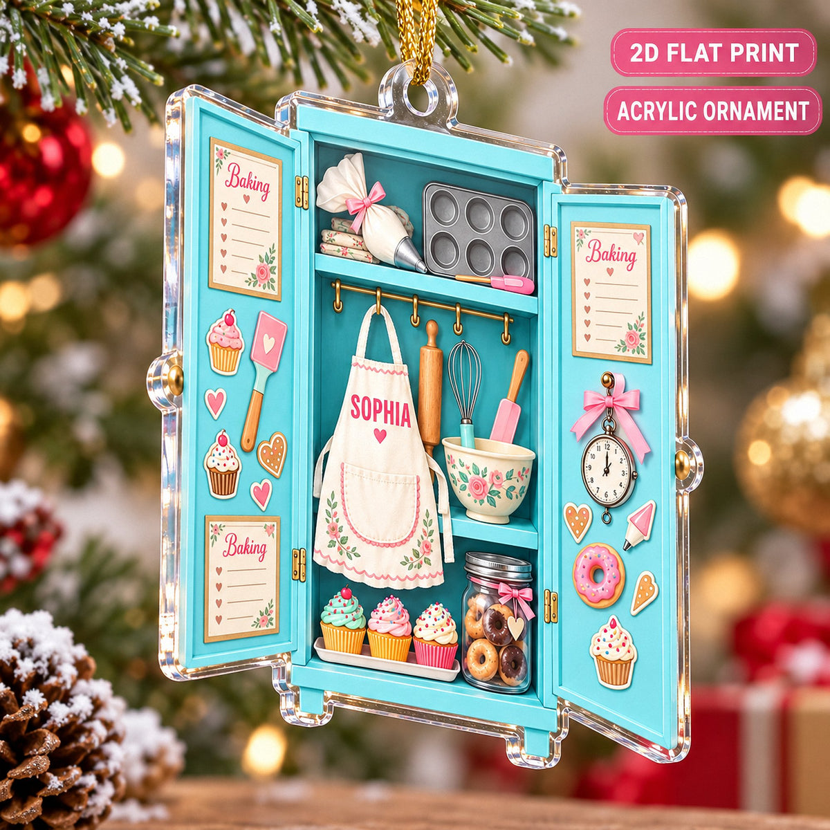 Flat acrylic baking ornament with text overlays highlighting its shatterproof material and 2D printed details.