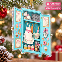 Flat acrylic baking ornament with text overlays highlighting its shatterproof material and 2D printed details.