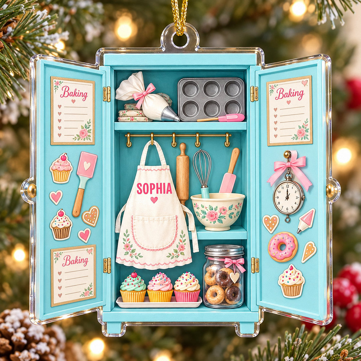 Detailed front view of the personalized turquoise kitchen cabinet ornament hanging on a festive tree branch.
