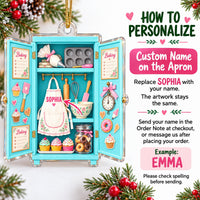 Flat turquoise acrylic baking ornament with open cabinet design, custom name on apron, and personalization instructions on