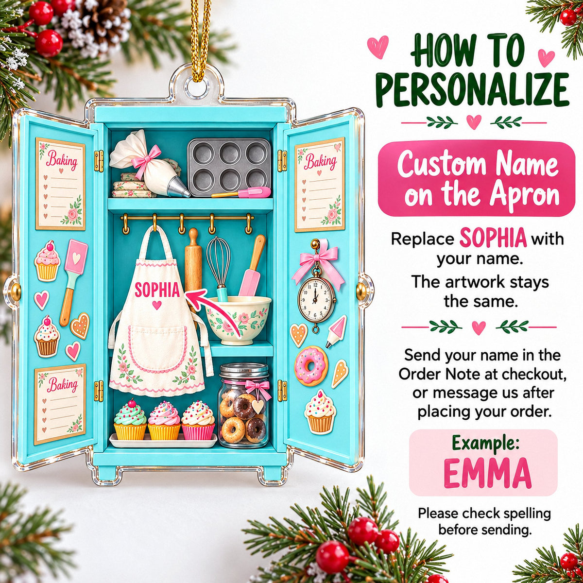 Flat turquoise acrylic baking ornament with open cabinet design, custom name on apron, and personalization instructions on