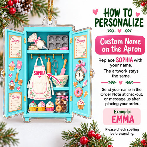 Flat turquoise acrylic baking ornament with open cabinet design, custom name on apron, and personalization instructions on
