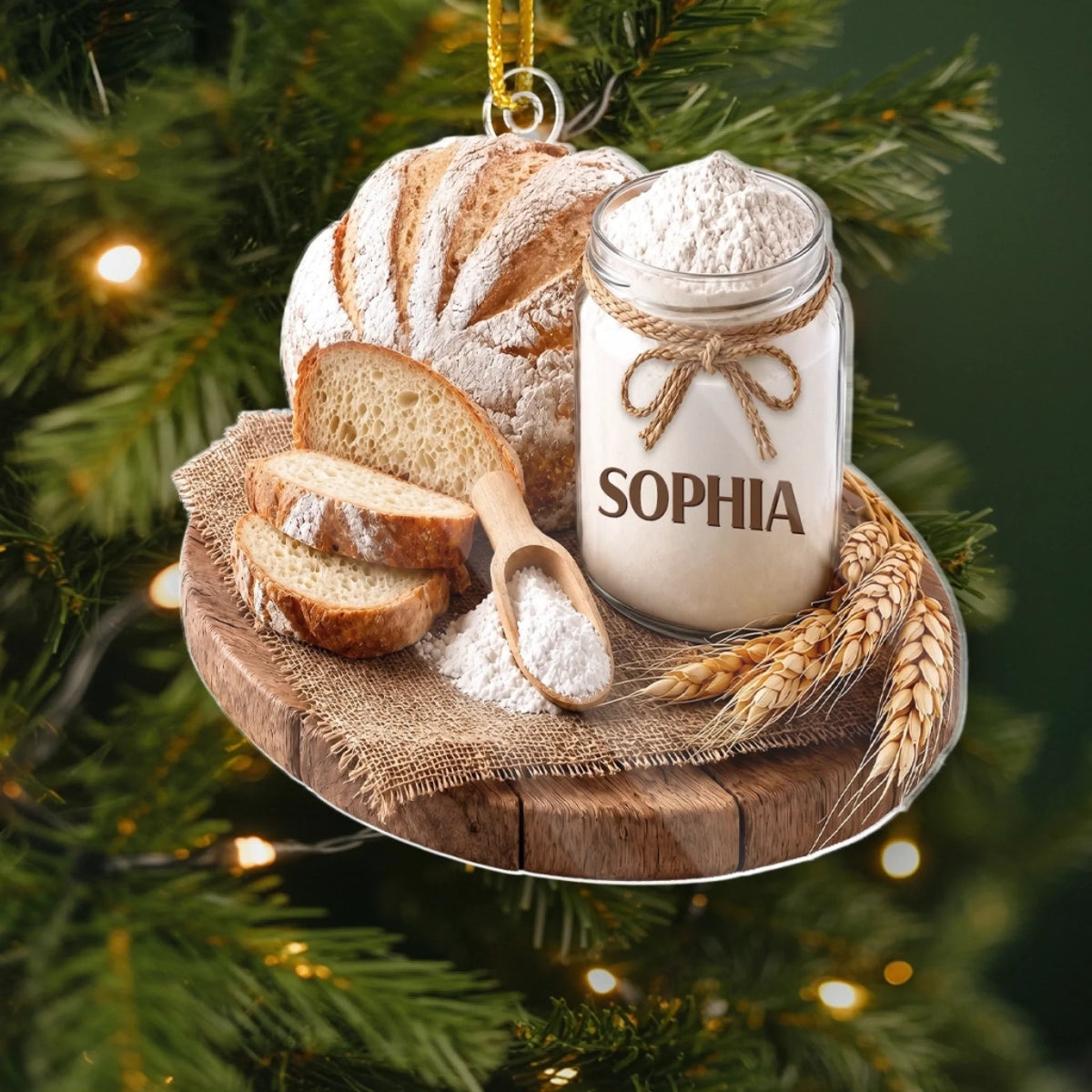 Baking Themed Christmas Ornament, Rustic Bread And Flour Jar Kitchen Decor, Custom Name Baker Gift F on a hanger, ready to ship from Austin, Texas