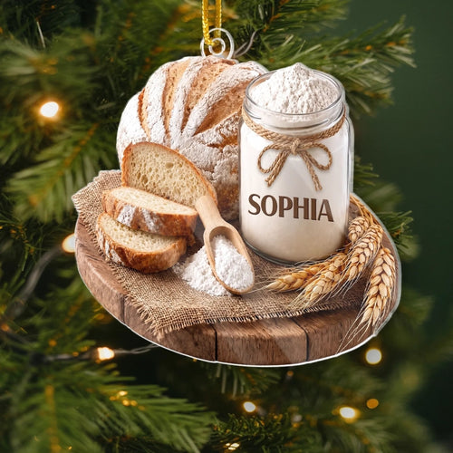 Baking Themed Christmas Ornament, Rustic Bread And Flour Jar Kitchen Decor, Custom Name Baker Gift F on a hanger, ready to ship from Austin, Texas