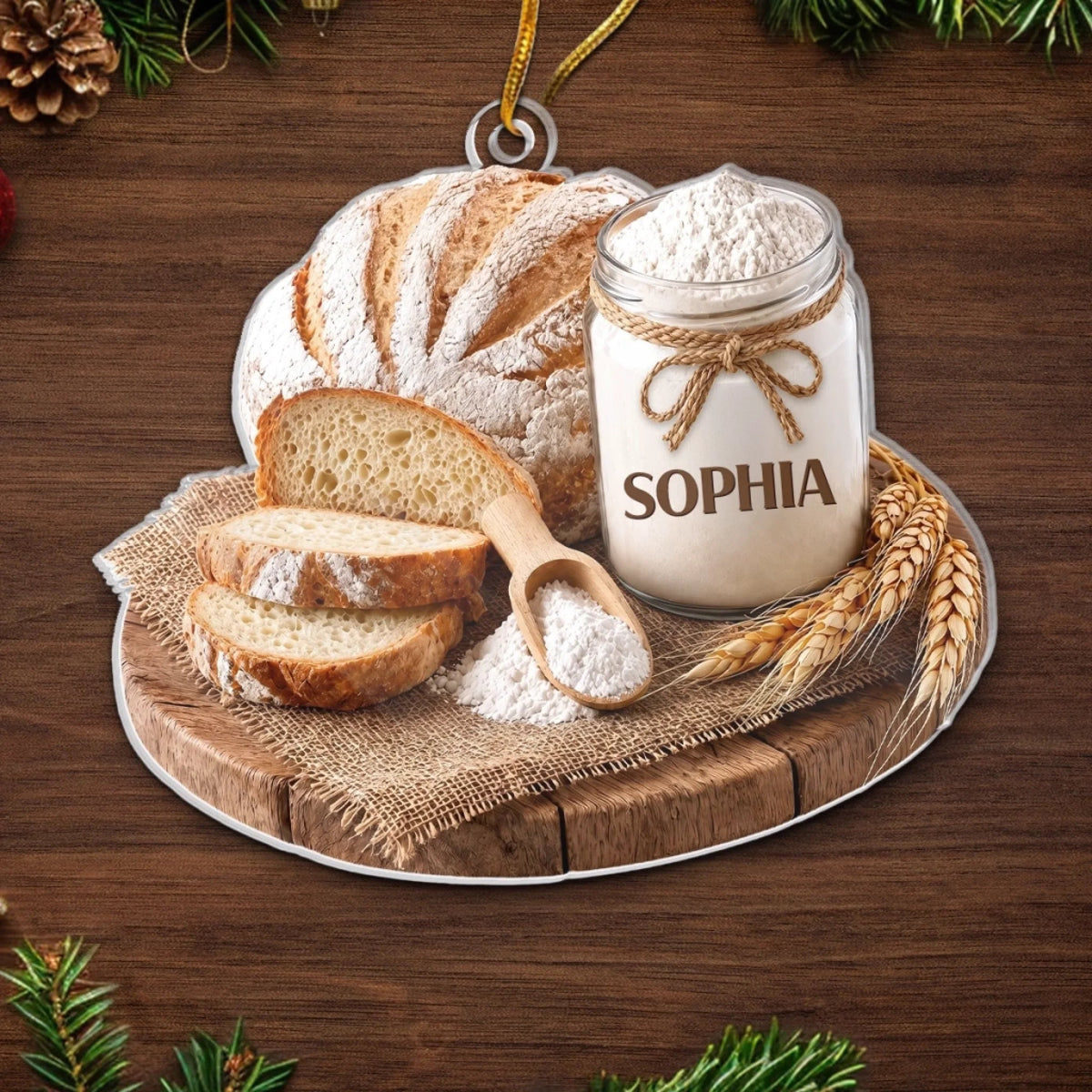 Customer in Austin, Texas wearing Baking Themed Christmas Ornament, Rustic Bread And Flour Jar Kitchen Decor, Custom Name Baker Gift F