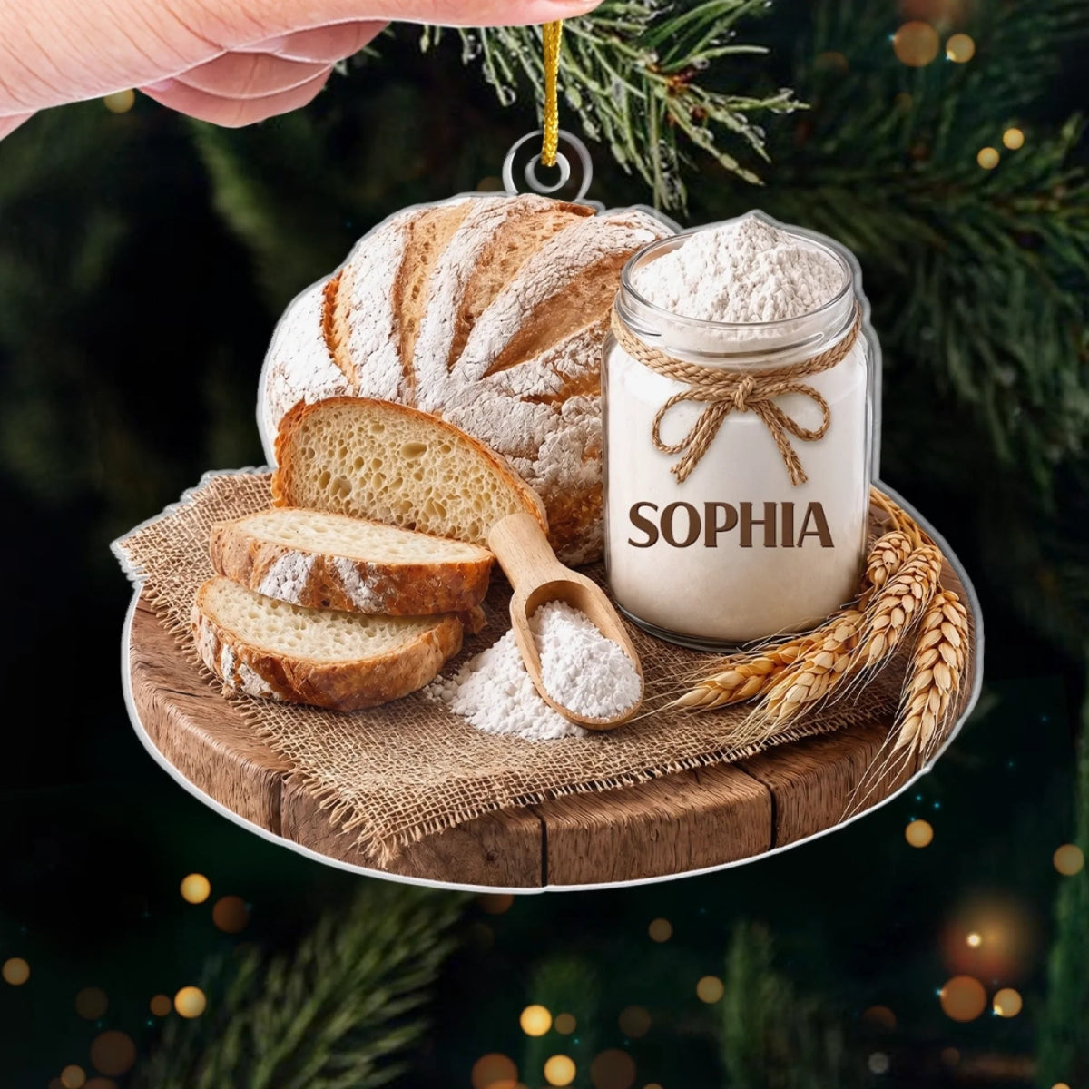 Close-up of Baking Themed Christmas Ornament, Rustic Bread And Flour Jar Kitchen Decor, Custom Name Baker Gift F for streetwear fans in Austin, Texas