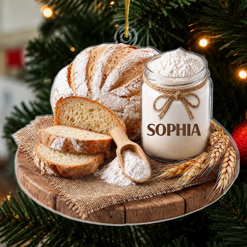 Baking Themed Christmas Ornament, Rustic Bread And Flour Jar Kitchen Decor, Custom Name Baker Gift F available at our Austin, Texas warehouse