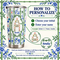Instructions for personalizing the bamboo print tumbler with a custom name and initial.